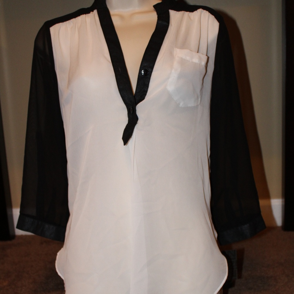 White/Black Half Button Blouse